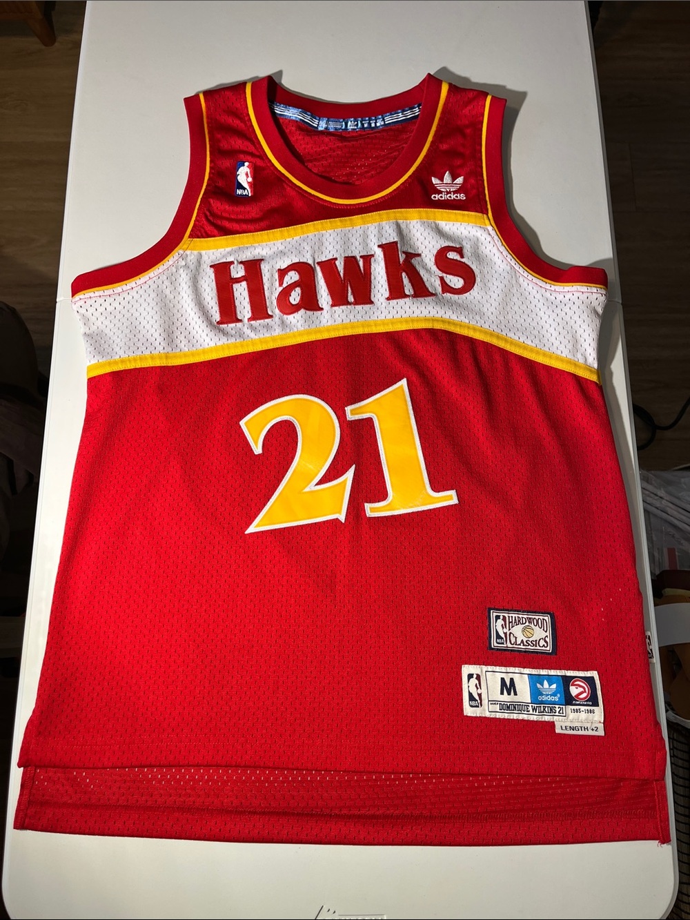 adidas Red, White & Yellow Hawks #21 Retro Basketball Jersey